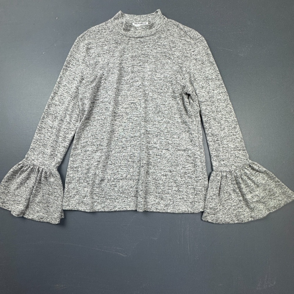 Republic Women's Medium Gray Heathered Mock Neck Stretch Bell Sleeve Blouse Top
